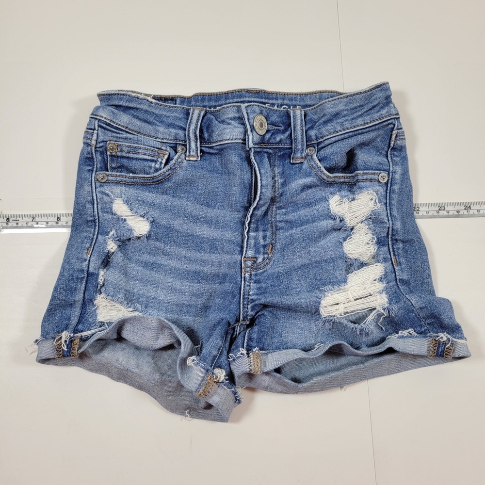 American Eagle Hi-Rise Shortie Womens 0 Blue Excellent Distressed Denim Shorts